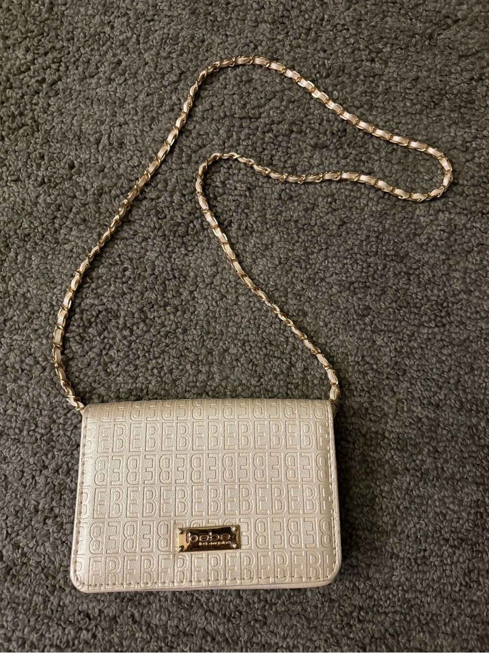 bebe Metallic Gold cream Logo Embossed Chain Crossbody